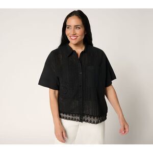 LOGO Lavish by Lori Goldstein Women's Top Sz M 100% Cotton Mixed Black A692539